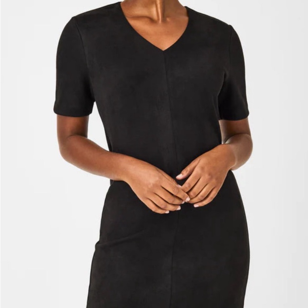SPANX Elegant Black Faux Suede Column V-Neck Dress Size Medium NWT